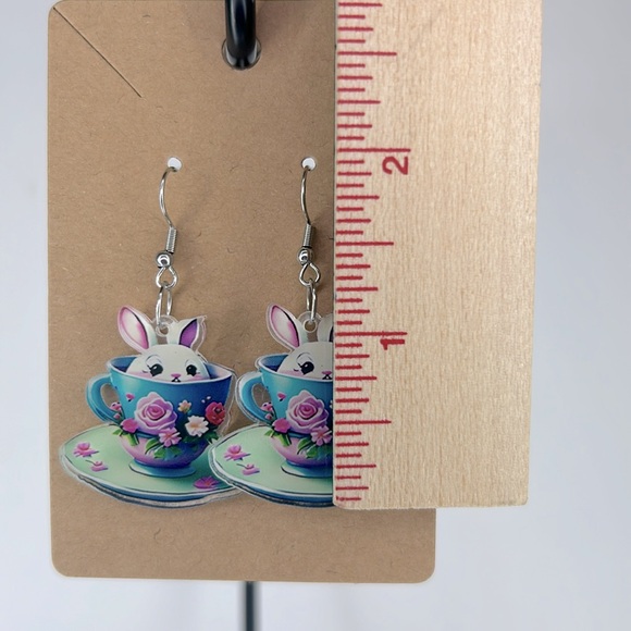 Tea Cup With Easter Bunny Inside Earrings 2D Acrylic Cartoon Fashion Jewelry - Picture 2 of 2
